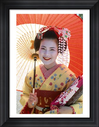 Framed Young Geisha with Umbrella Print