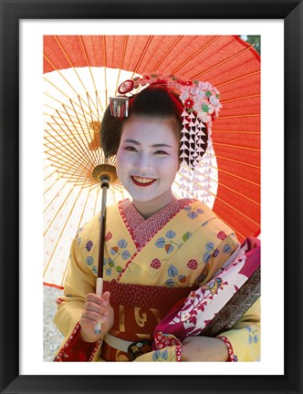 Framed Young Geisha with Umbrella Print