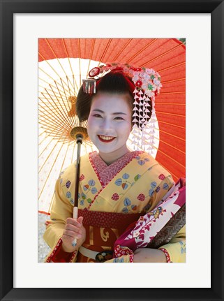 Framed Young Geisha with Umbrella Print