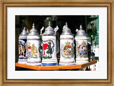 Framed Group of beer steins on a table, Munich, Germany Print
