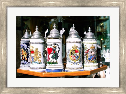 Framed Group of beer steins on a table, Munich, Germany Print