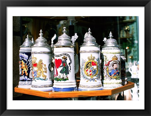 Framed Group of beer steins on a table, Munich, Germany Print