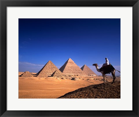 Framed Riding a camel near pyramids, Giza Pyramids, Giza, Egypt Print