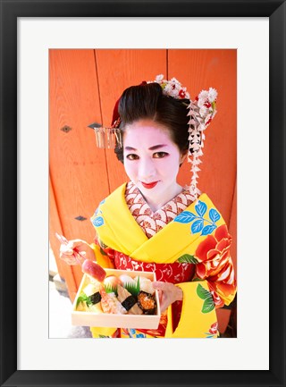 Framed Geishadressed in a kimono, Kyoto, Honshu, Japan Print