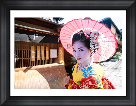 Framed Geishadressed in a kimono, Kyoto, Honshu, Japan Print
