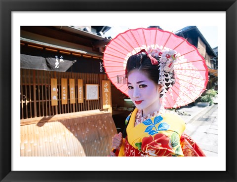 Framed Geishadressed in a kimono, Kyoto, Honshu, Japan Print