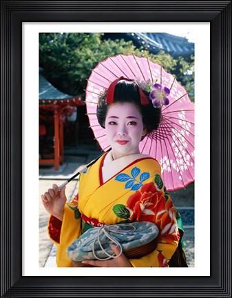 Framed Geisha with Pink Umbrella Print