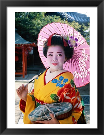 Framed Geisha with Pink Umbrella Print