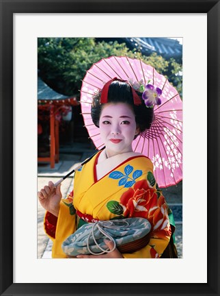 Framed Geisha with Pink Umbrella Print