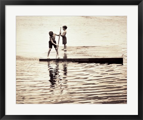 Framed Two boys standing on a wooden platform in a lake Print