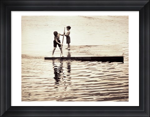 Framed Two boys standing on a wooden platform in a lake Print