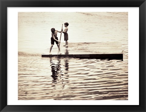 Framed Two boys standing on a wooden platform in a lake Print