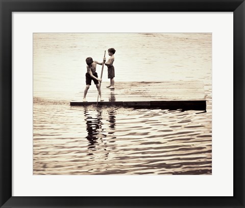 Framed Two boys standing on a wooden platform in a lake Print