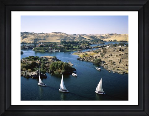 Framed Sailboats In A River, Nile River, Aswan, Egypt Landscape Print
