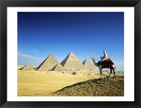 Framed Man riding a camel near the pyramids, Giza, Egypt Print