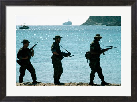 Framed U.S. Navy Special Forces (S.E.A.L.) Team Patroling Beach Print