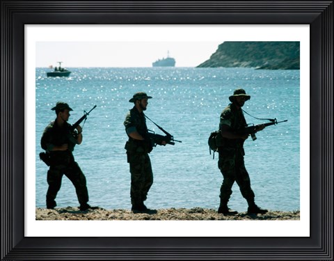 Framed U.S. Navy Special Forces (S.E.A.L.) Team Patroling Beach Print