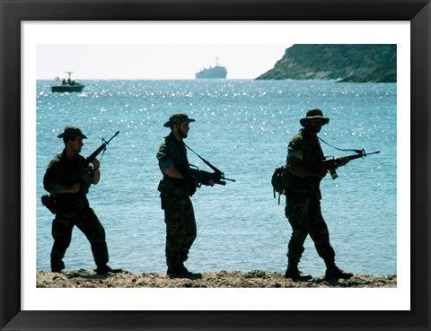 Framed U.S. Navy Special Forces (S.E.A.L.) Team Patroling Beach Print