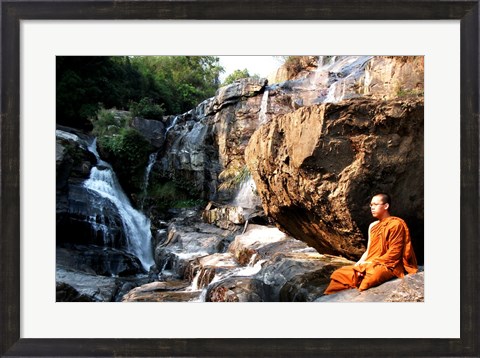 Framed Buddhist Monk In Mae Klang Waterfall Print