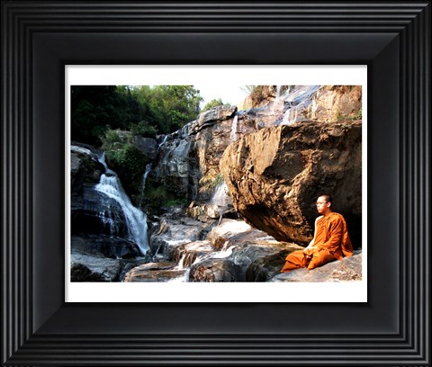 Framed Buddhist Monk In Mae Klang Waterfall Print