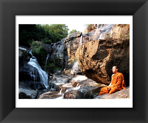 Framed Buddhist Monk In Mae Klang Waterfall Print