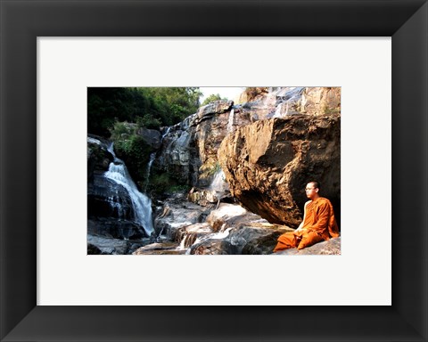 Framed Buddhist Monk In Mae Klang Waterfall Print