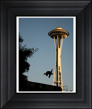 Framed Skateboarder Aloft and Space Needle Print