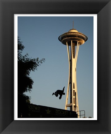 Framed Skateboarder Aloft and Space Needle Print