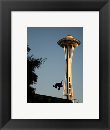 Framed Skateboarder Aloft and Space Needle Print