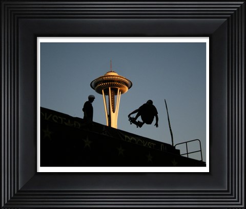 Framed Skateboarder Aloft and Space Needle Print