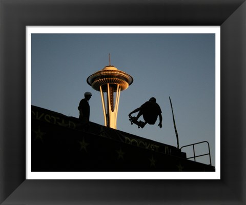 Framed Skateboarder Aloft and Space Needle Print