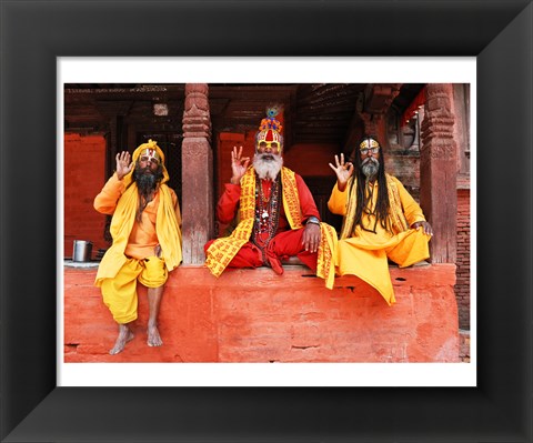 Framed Three Saddhus at Kathmandu Durbar Square Print