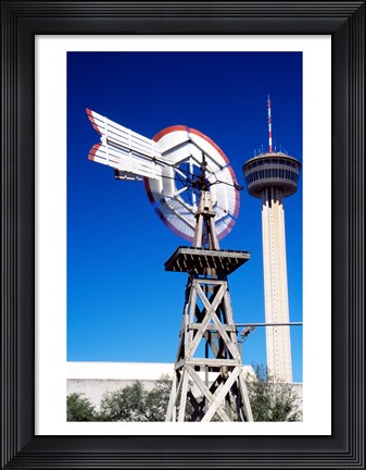 Framed USA, Texas, San Antonio, Tower of the Americas and old windmill Print