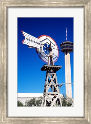 Framed USA, Texas, San Antonio, Tower of the Americas and old windmill Print