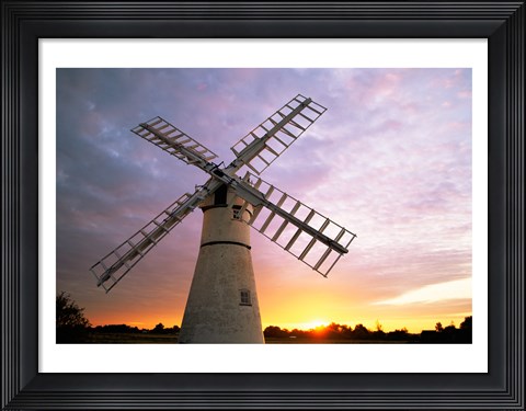 Framed Boats moored near a traditional windmill, Horsey Windpump, Horsey, Norfolk Broads, Norfolk, England Print