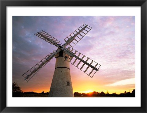 Framed Boats moored near a traditional windmill, Horsey Windpump, Horsey, Norfolk Broads, Norfolk, England Print