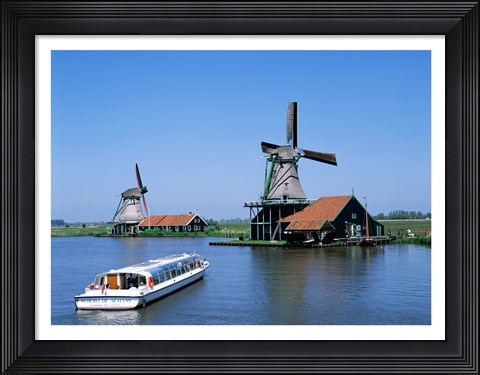 Framed Windmills and Canal Tour Boat, Zaanse Schans, Netherlands Print