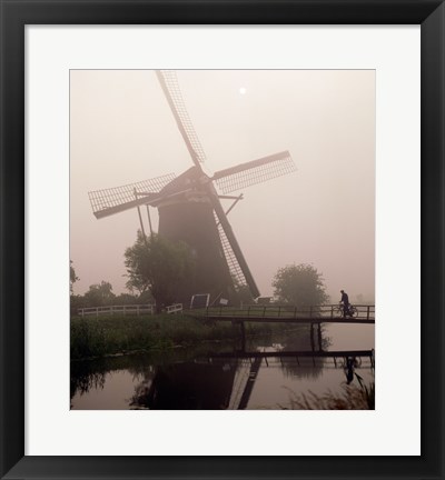 Framed Windmill and Cyclist, Zaanse Schans, Netherlands black and white Print