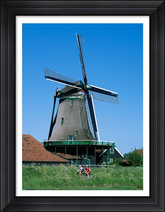Framed Windmill and Cyclists, Zaanse Schans, Netherlands Print