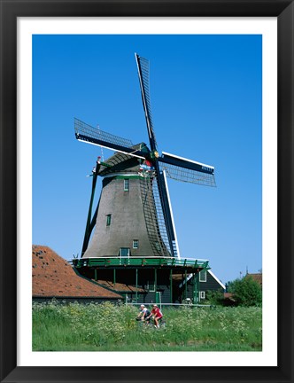 Framed Windmill and Cyclists, Zaanse Schans, Netherlands Print
