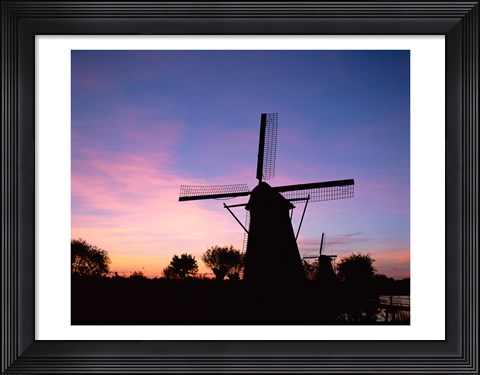 Framed Silhouette, Windmills On Purple Sunset, Kinderdijk, Netherlands Print