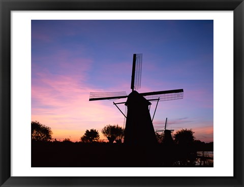 Framed Silhouette, Windmills On Purple Sunset, Kinderdijk, Netherlands Print