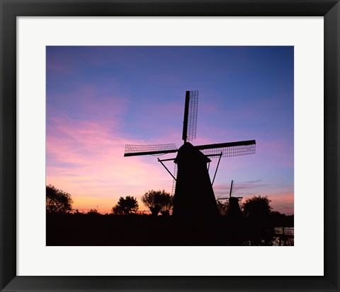 Framed Silhouette, Windmills On Purple Sunset, Kinderdijk, Netherlands Print