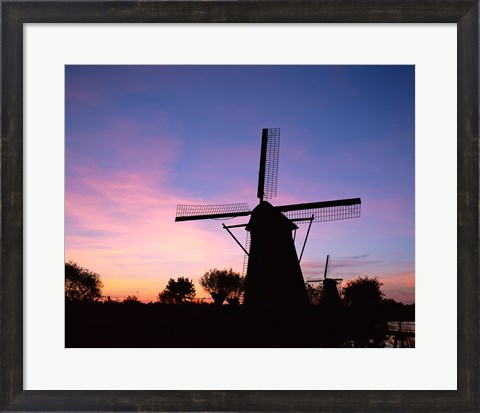Framed Silhouette, Windmills On Purple Sunset, Kinderdijk, Netherlands Print