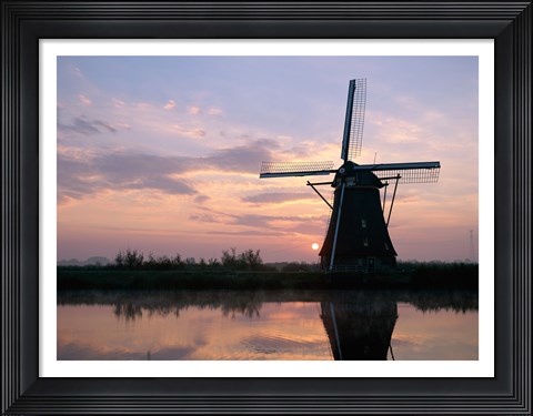 Framed Silhouette, Windmills at Sunset, Kinderdijk, Netherlands Blue Light Print
