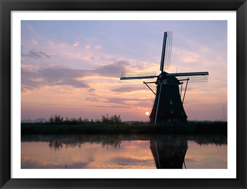 Framed Silhouette, Windmills at Sunset, Kinderdijk, Netherlands Blue Light Print