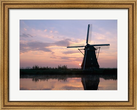 Framed Silhouette, Windmills at Sunset, Kinderdijk, Netherlands Blue Light Print