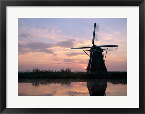 Framed Silhouette, Windmills at Sunset, Kinderdijk, Netherlands Blue Light Print