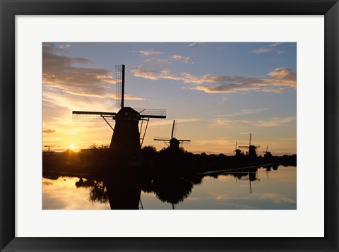 Framed Silhouette, Windmills at Sunset, Kinderdijk, Netherlands Print