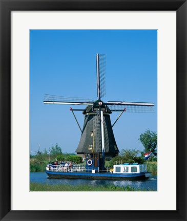 Framed Windmill and Canal Tour Boat, Kinderdijk, Netherlands Print